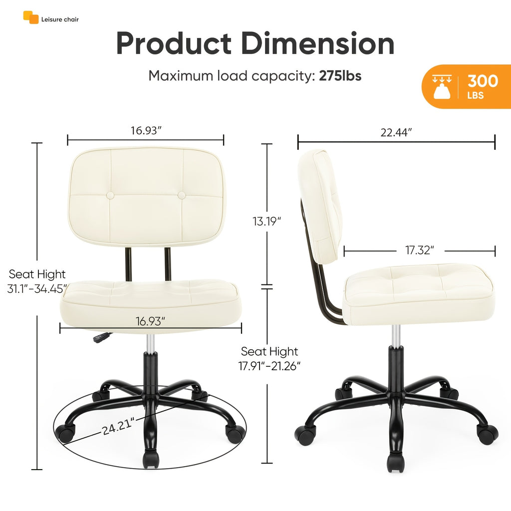 Armless Office Chair on Wheels, Height Adjustable Compact Desk Chair, Mid Back 360 Degree Swivel Computer Chair